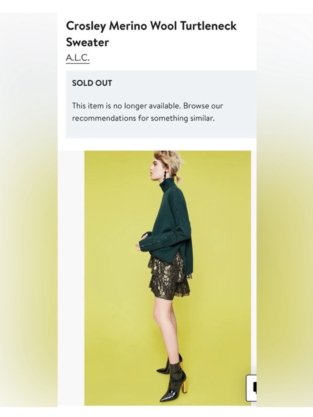 A.L.C. Small Crosley 100% Merino Wool Green Turtleneck Sweater Orig$695